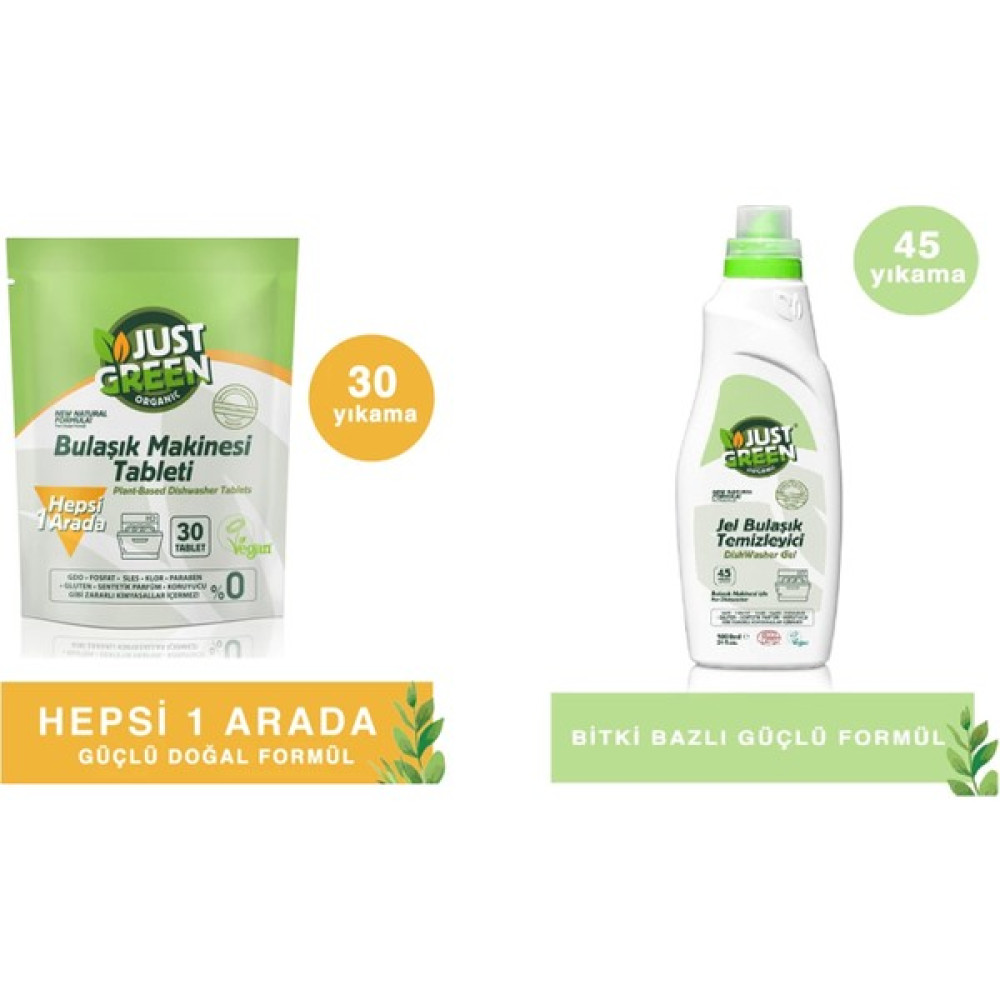 Just Green Organic Bulaşık Makinesi Tableti 30 Tablet 480 gr + Jel Bulaşık Temizleyici 1000 ml Bulaşık Yıkama Fiyatı