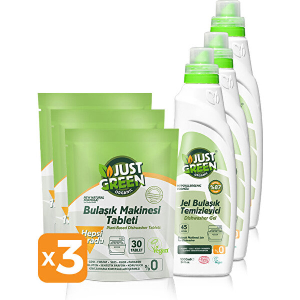 Just Green Organic Bulaşık Tableti 3 x 30 Tablet + Jel Bulaşık Temizleyici 3 x 1 lt Bulaşık Yıkama Fiyatı