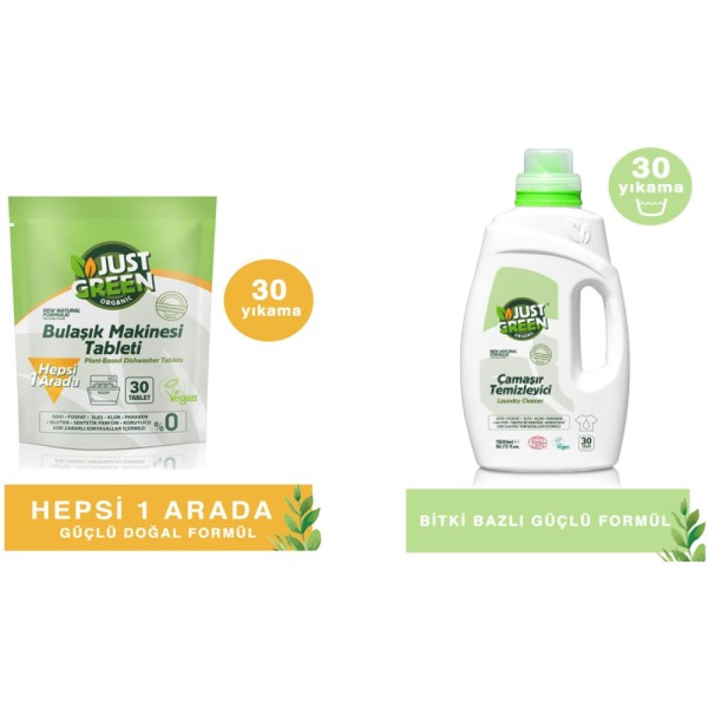 Just Green Organic Just Green Bulaşık Makinesi Tableti 30 Tablet 480 gr + Çamaşır Temizleyici 1500 ml Bulaşık Yıkama Fiyatı