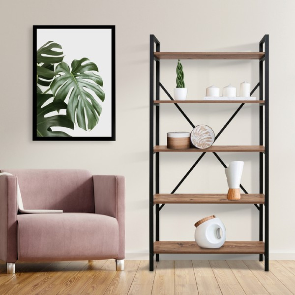 Just Home Athena 5 Raflı Geniş Metal Kitaplık - Atlantik Çam Kitaplık Fiyatı