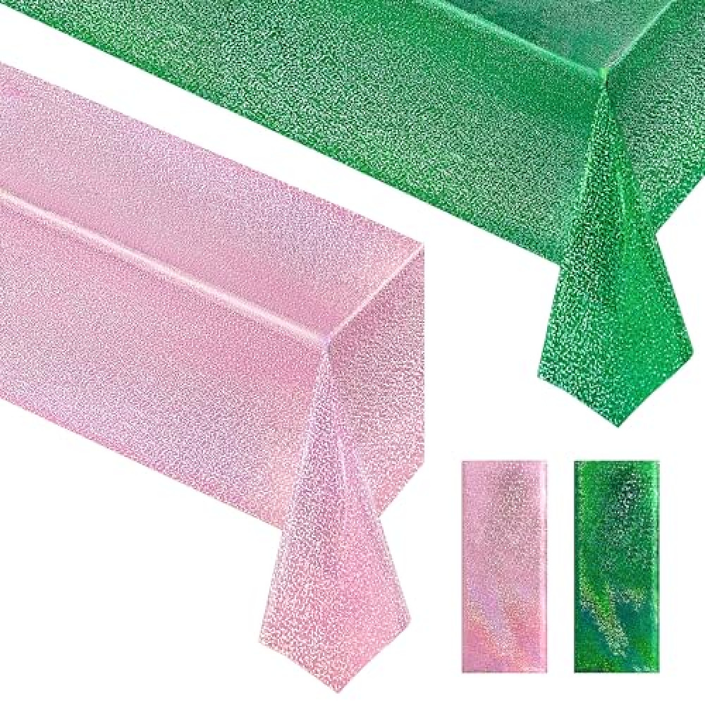 Just Shimmer 2 Pieces Pale Pink & Green Holographic Tablecloth 40" x 108" Party Decoration Birthday Party Table Decor Iridescence Plastic Table Cloth for Bachelorette Party Supplies
