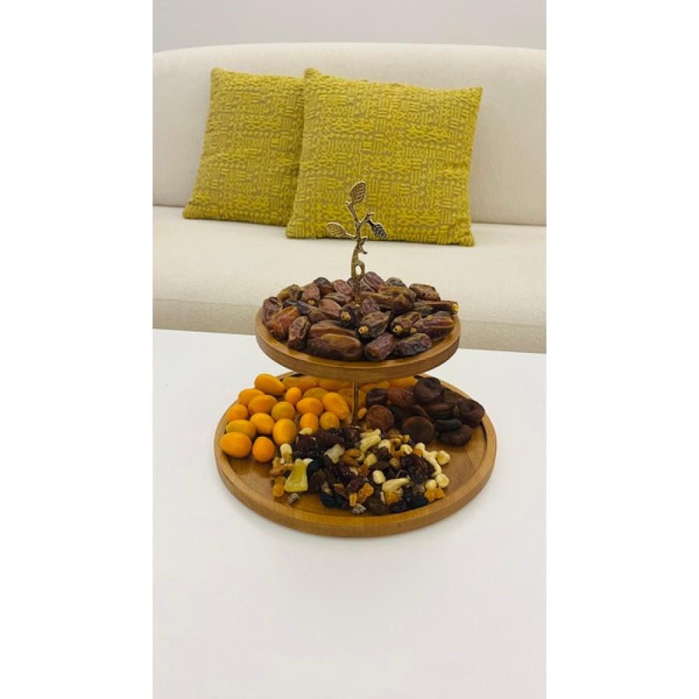 Just Wood 2 Katlı 21/30 Gold Yapraklı Ahşap Kek Pasta Sunumluk Standı, Servis Sunum Tabağı, Ikramlık - Kahverengi Mutfak Gereçleri Fiyatı