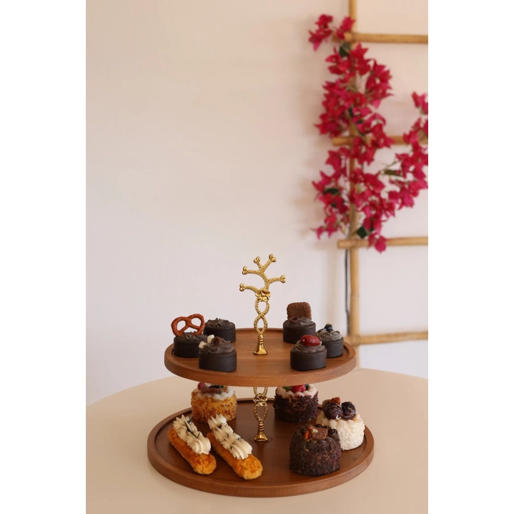 Just Wood 2 Katlı 25/30 Cm Gold Çiçekli Ahşap Kek Sunum Standı, Servis Sunum Tabağı, Ikramlık Mutfak Gereçleri Fiyatı