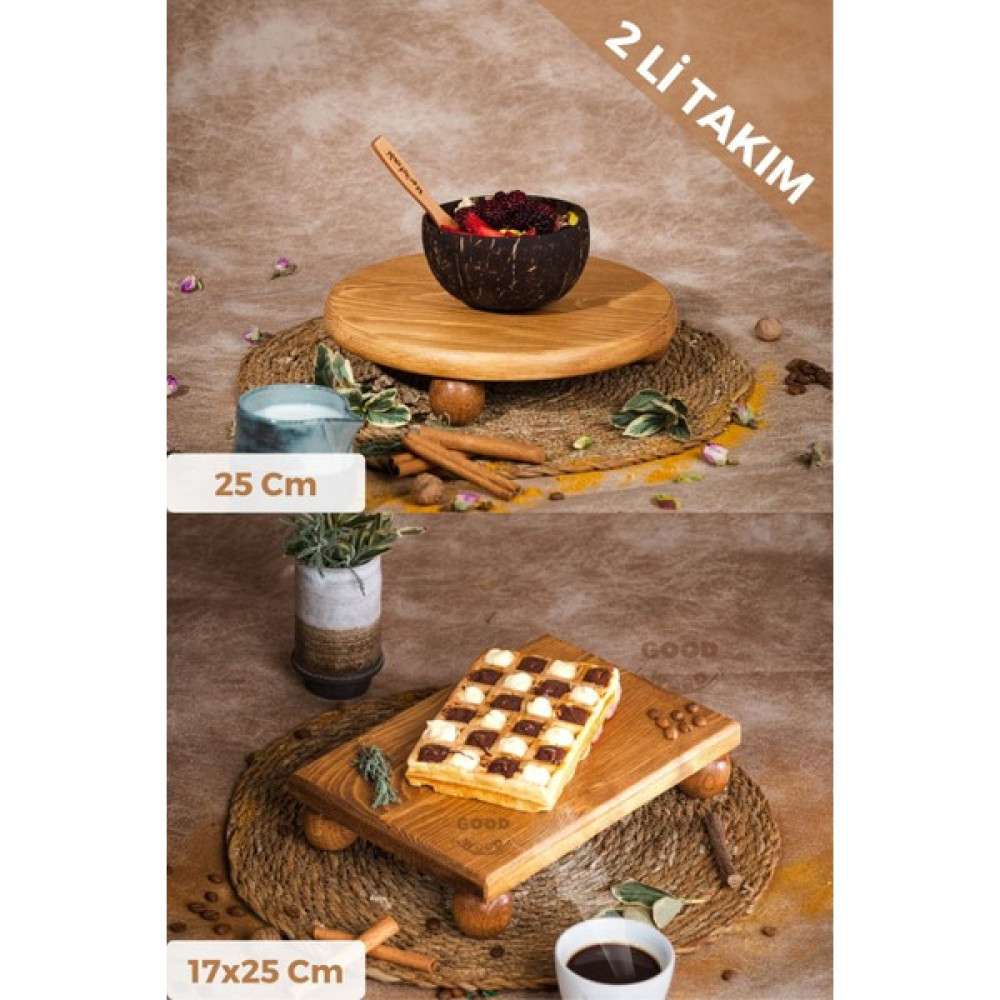 Just Wood Justwood 2 Li Risus Top Ayaklı 25 Cm Ve 17x25 Cm Ahşap Dikdörtgen Pasta Sunum Servis Tabağı Seti Mutfak Gereçleri Fiyatı