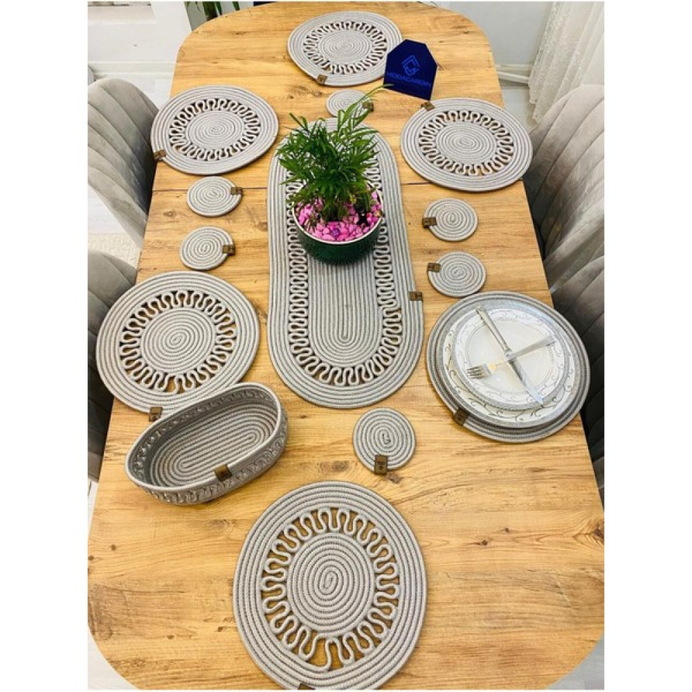 Jüt Hasır Amerikan Servis Supla Runner Sepet ve Bardaklık 14 Lü - Gri - 33 x 33 cm Masa Örtüsü Fiyatı