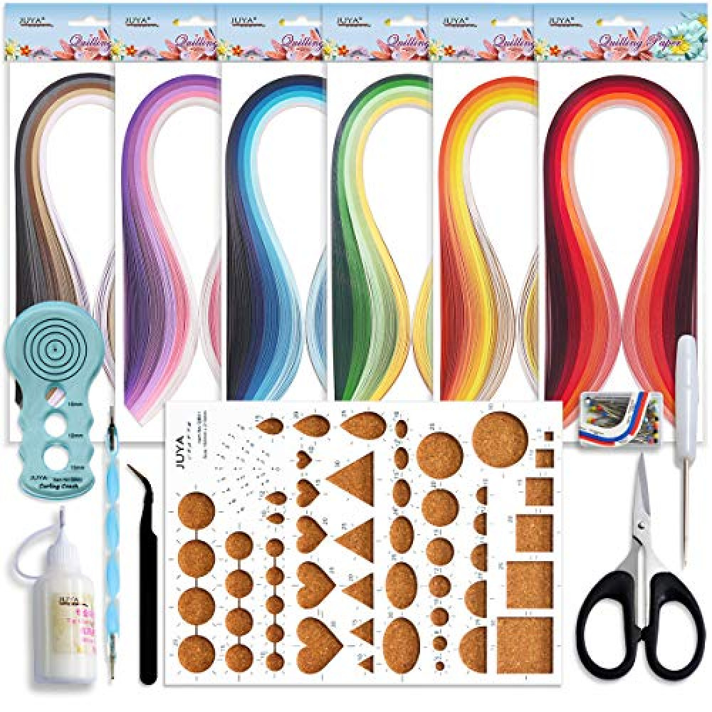 JUYA Paper Quilling Kits with 30 Colors 600 Strips and 8 Tools (Width:3mm with Glue, Blue Tools)