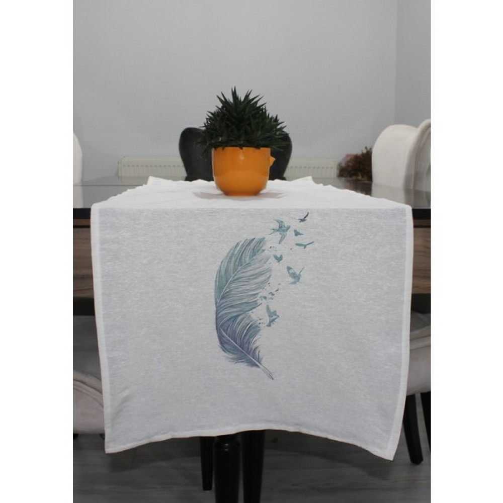 Juzk Solutions Krem Kuş Tüyü Basıkılı Runner - 140 x 50 cm - Gri - Mavi Masa Örtüsü Fiyatı