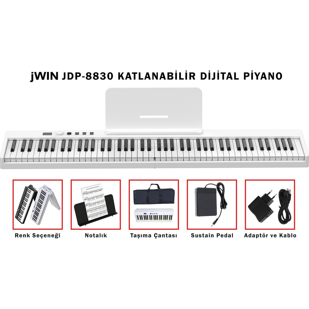 Jwin JDP-8830 Tuş Hassasiyetli Katlanabilir Bluetooth + Şarjlı Piyano - Beyaz Dijital Piyanolar Fiyatı