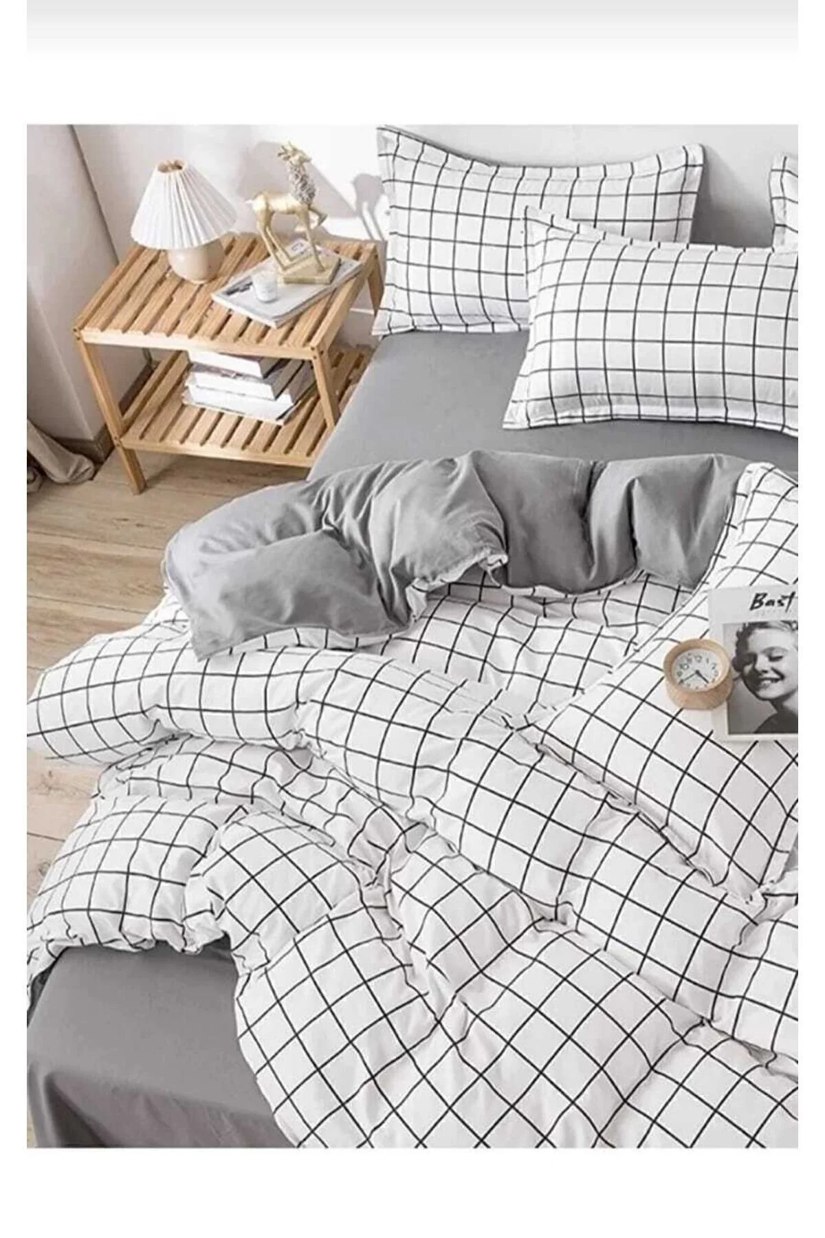 Kaan Tek Kişilik Kareli & Gri Çift Taraflı Nevresim Yorgan Kılıfı Yastık Kılıfı 160 X 215" Nevresim Takımı Fiyatı