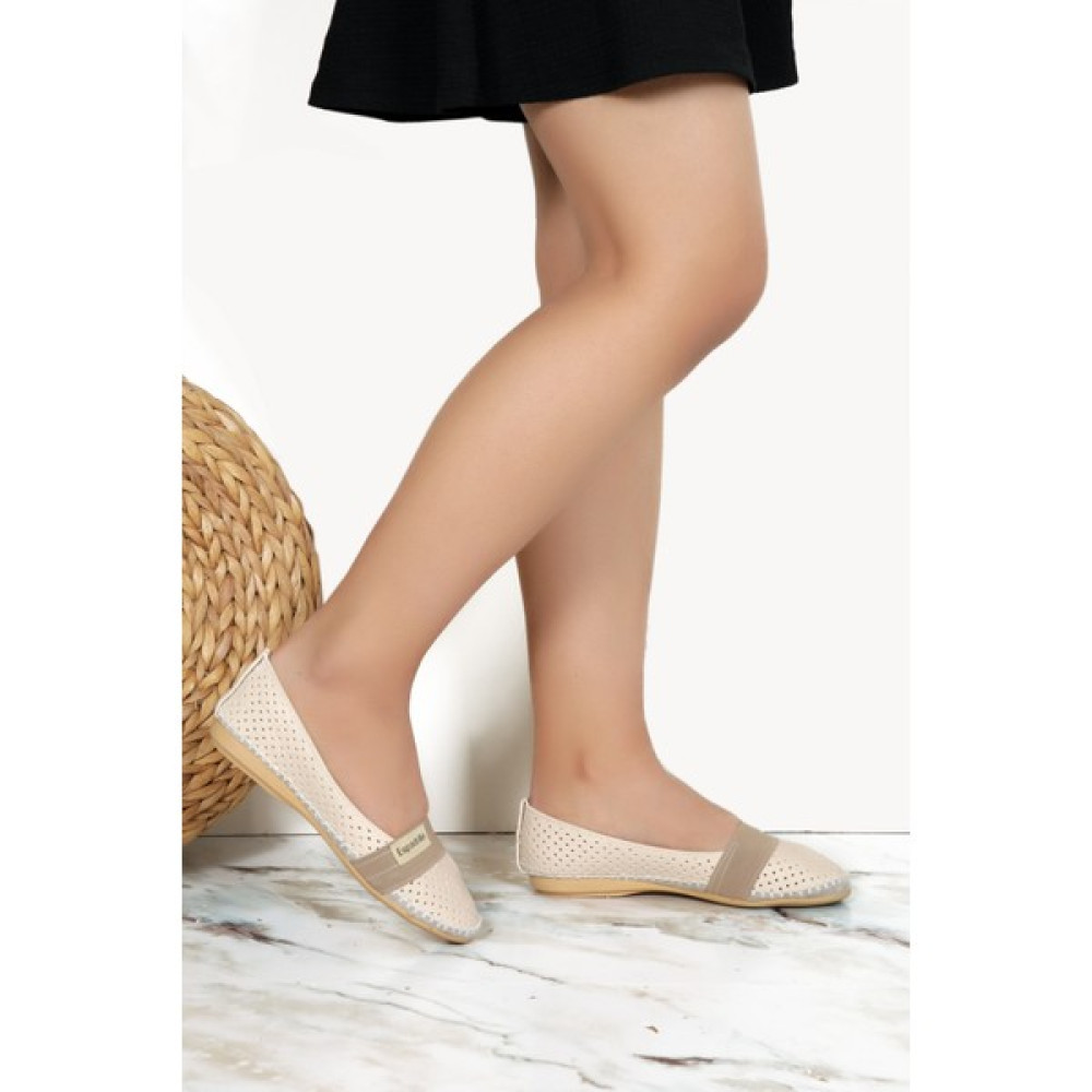 Kabkabi Kadın Krem Yazlık Esnek Lastikli Düz Taban Espadril Babet DC10058 Babetler Fiyatı