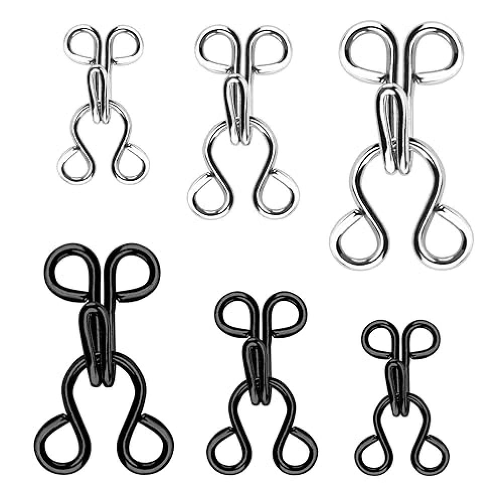 KACOLA 60 Set Hook and Eye Sewing, Bra Hooks Replacement, Large Hooks and Eyes Clasps for Clothing, Sewing DIY Craft, 3 Sizes 23/17/12.5mm, (Gun) Black and Silver