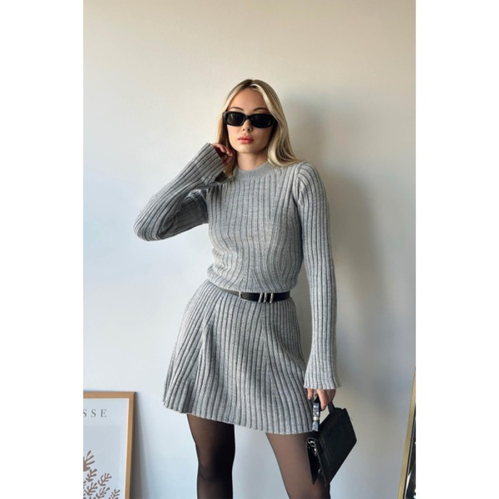 Kadife Butik Mini Triko Elbise Gri Elbise Fiyatı