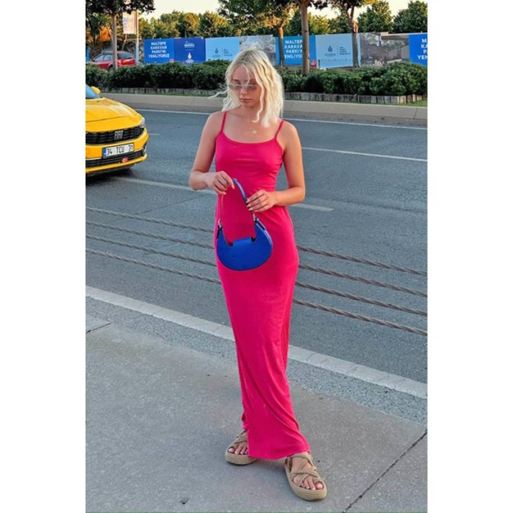 Kadife Butik Uzun Askılı Streç Elbise Fuşya Elbise Fiyatı