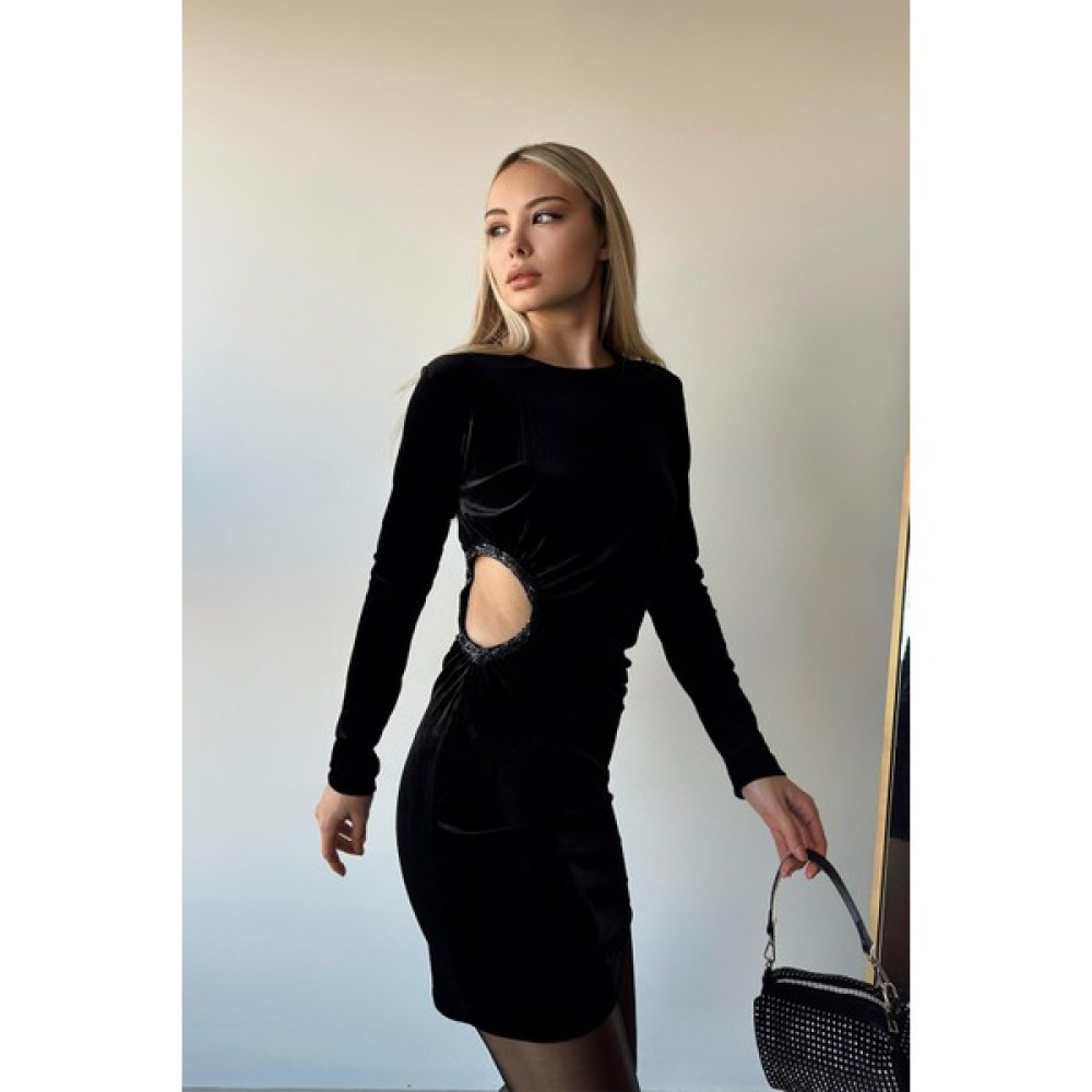 Kadife Butik Yandan Cut-Out Detaylı Kadife Mini Elbise Siyah Elbise Fiyatı