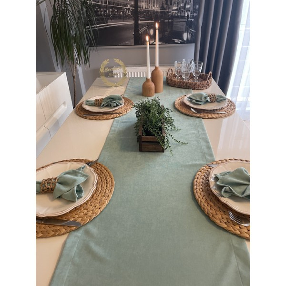 Kadife Dokulu Dertsiz Mint Yeşili Uzun Runner - Renkli - 50 x 220 cm Masa Örtüsü Fiyatı