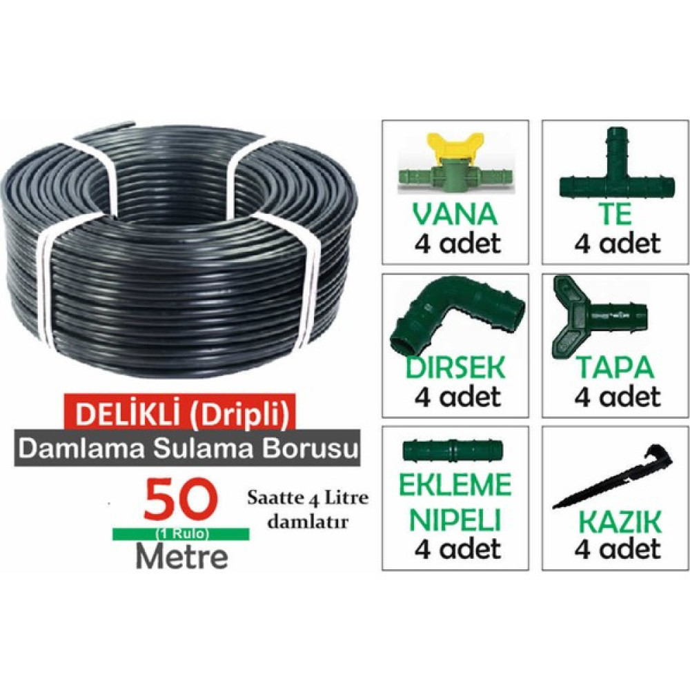 Kadığlu Damla Sulama 50 M. Borusu Delikli Damlama Sulama Hortumu Hazır Aparatlı Seti Sistemi Sulak Fiyatı