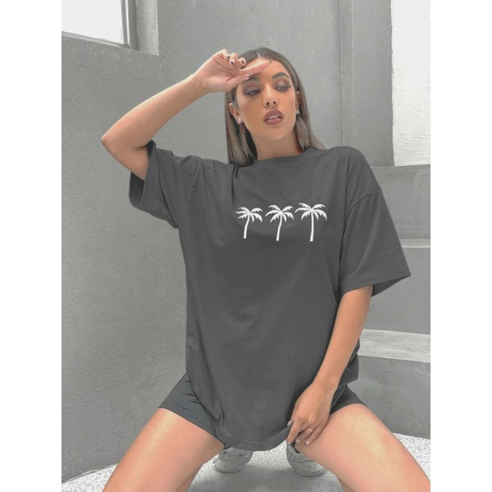 Kadın Antrasit Palmiye Oversize Baskılı T-Shirt S2118 Bayan T-shirt Fiyatı