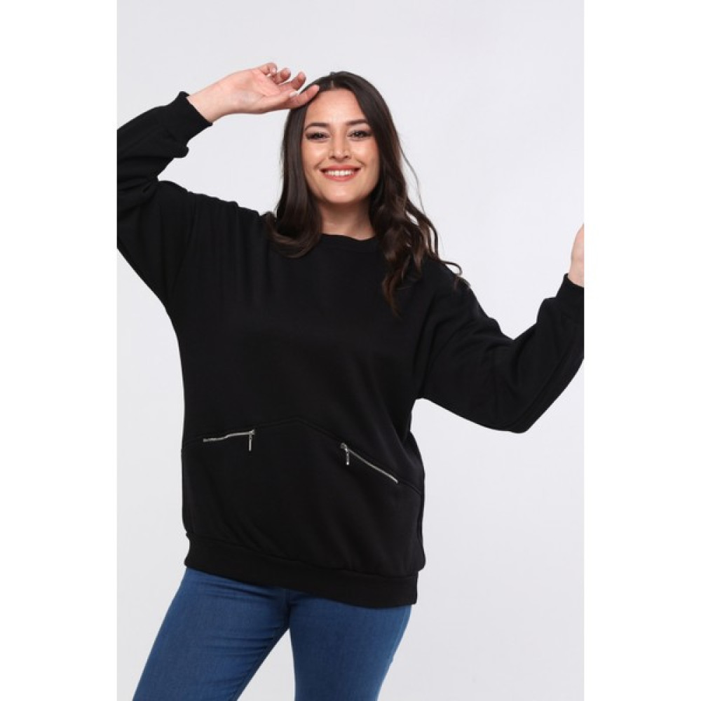 Kadın Büyük Beden Fermuarlı Cep Detaylı Basic Siyah Sweatshirt Bayan Sweatshirt Fiyatı