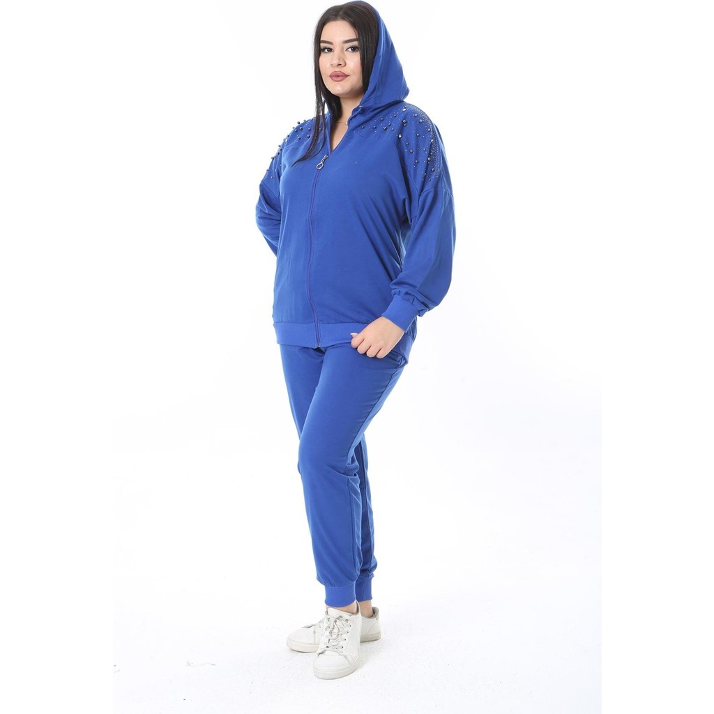 Kadın Büyük Beden Saks Ön Fermuarlı Taş Detaylı Kapşonlu Sweatshirt Pantolon Ikili Takım 26A28091 Giyim & İç Giyim Fiyatı