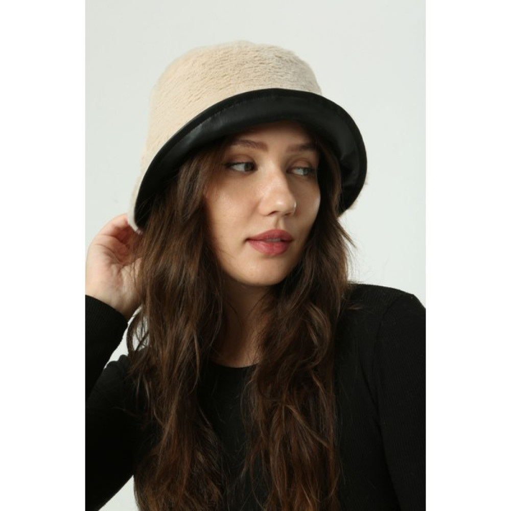 Kadın Çift Taraflı Siyah-Bej Peluş Bucket Kova Şapka SPK1102 Kadın Şapkası Fiyatı