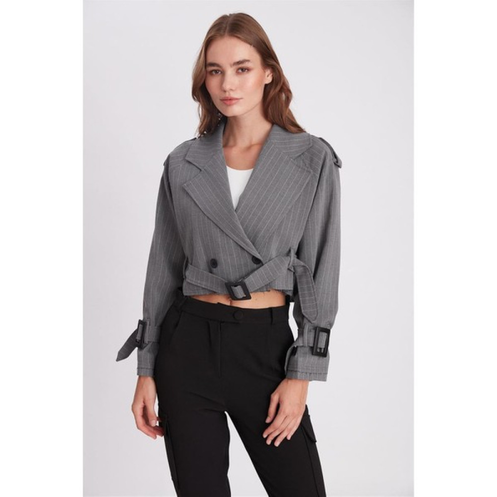 Kadın Çizgili Kısa Boy Oversize Içi Astarlı Zara Model Trençkot Ceket Gri Bayan Ceket Fiyatı
