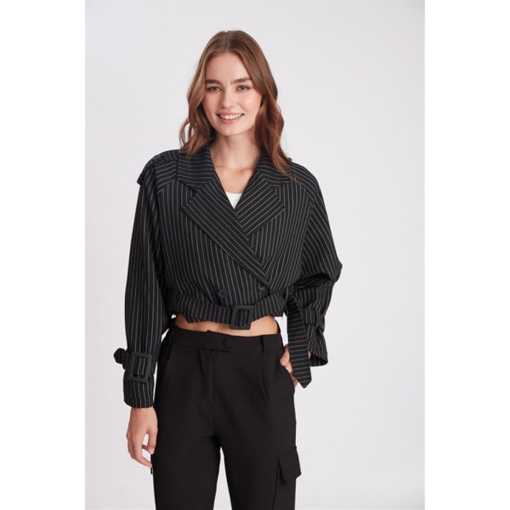 Kadın Çizgili Kısa Boy Oversize Içi Astarlı Zara Model Trençkot Ceket-Siyah Bayan Ceket Fiyatı