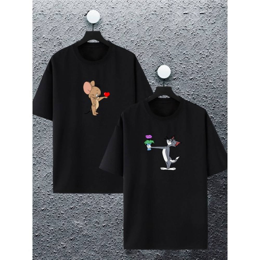Kadın Erkek Çiçekli Tom ve Jerry Baskılı Sevgili Çift Kombini Tasarım Oversize T-Shirt 2'li Set Erkek T-shirt Fiyatı