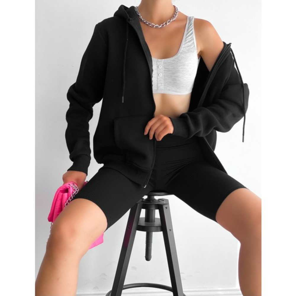 Kadın Fermuarlı Kapüşonlu Cepli Içi Şardonlu Sweatshirt Hırka Siyah Bayan Sweatshirt Fiyatı