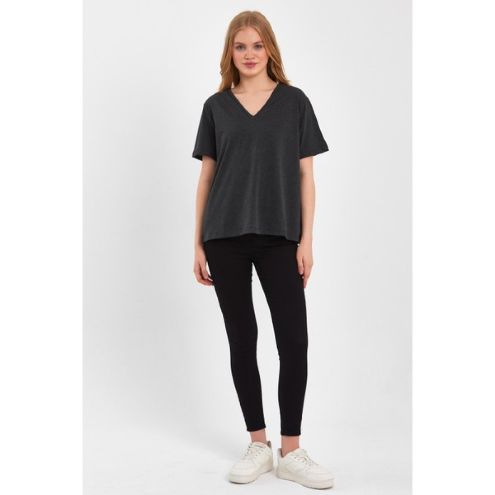 Kadın Füme V Yaka Pamuk Kısa Kollu Basic T-Shirt Bayan T-shirt Fiyatı