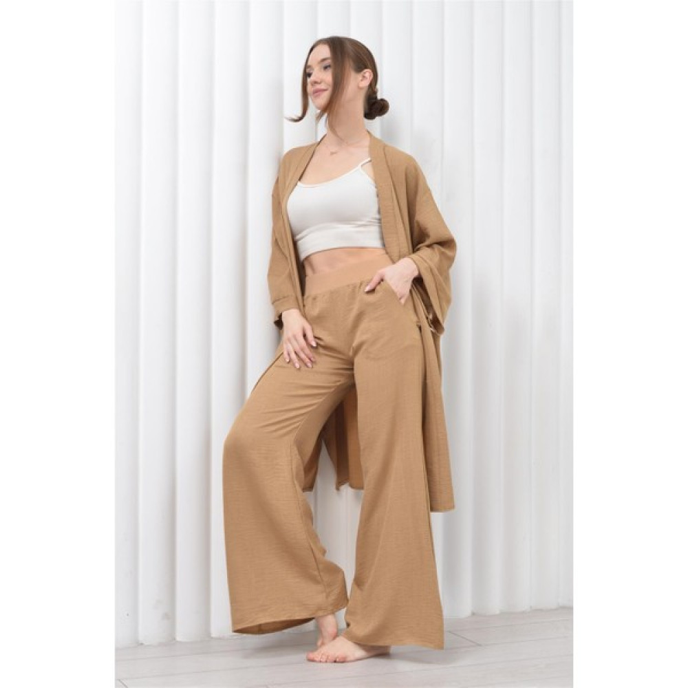 Kadın Keten Cepli Kuşaklı Uzun Kimono-Pantolon İkili Takım Açık Kahve Kadın Hırka Fiyatı
