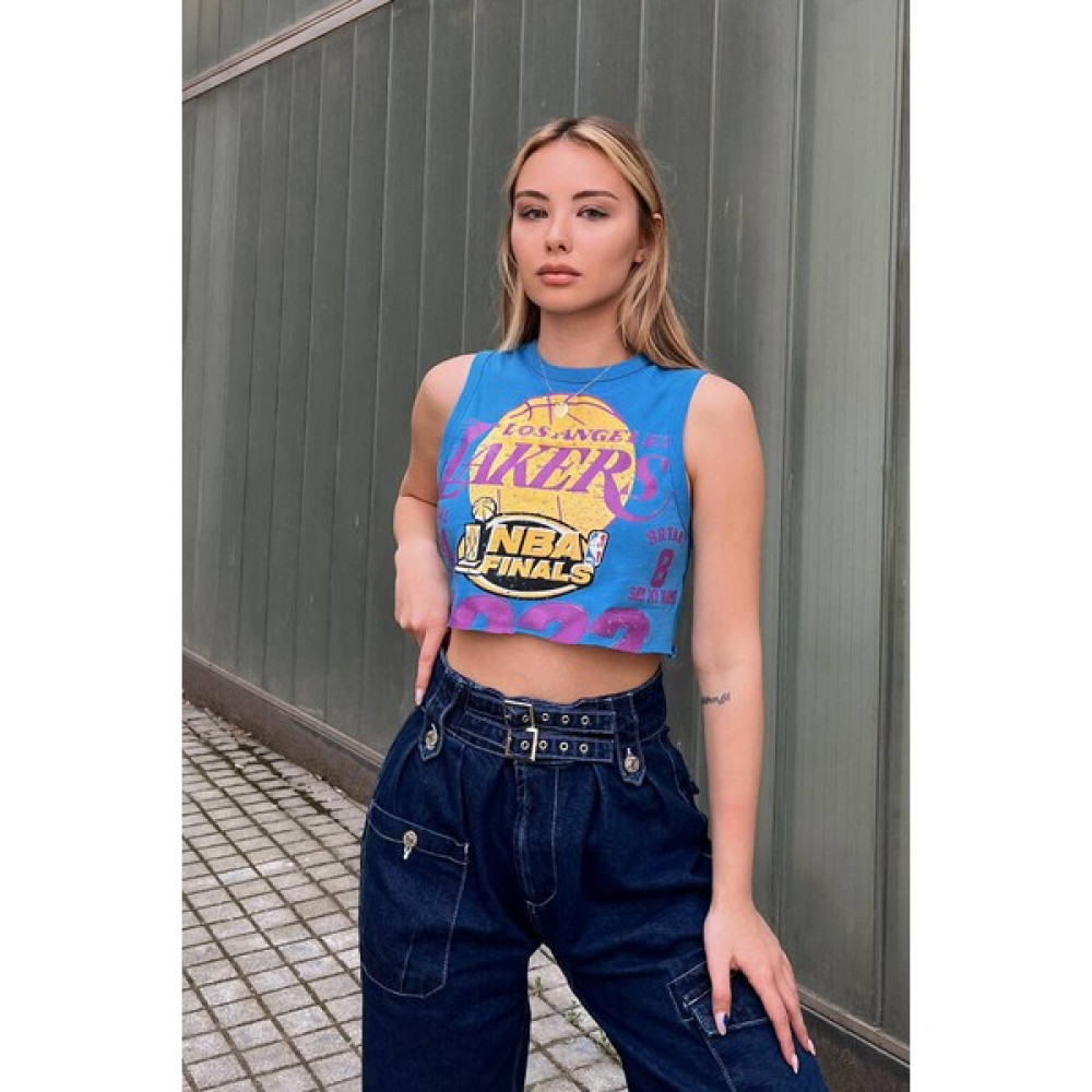 Kadın Mavi Lakers Baskılı Crop Bluz Bluz Fiyatı
