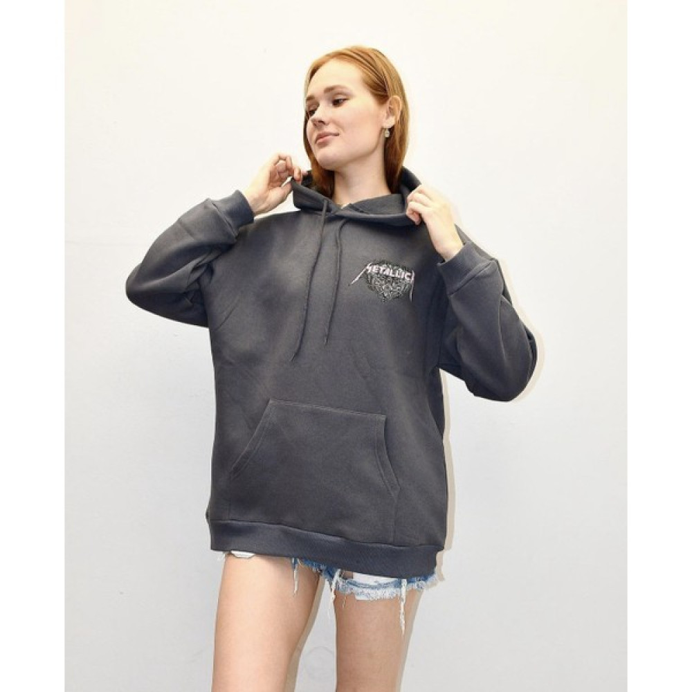 Kadın Metalica Baskılı Kapüşonlu Gri Sweatshirt Bayan Sweatshirt Fiyatı