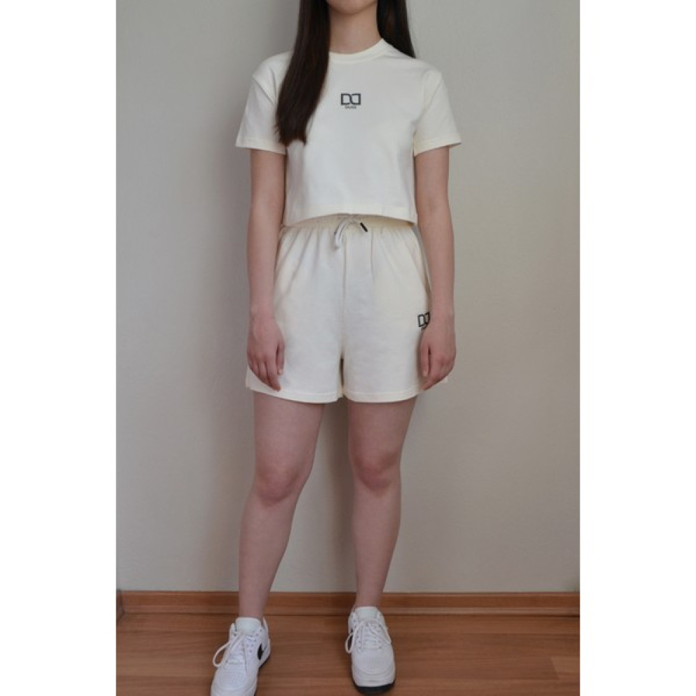 Kadın Pamuklu Rahat Crop Kısa Kollu Tshirt Cepli Lastikli Bel Şort Ekru Spor Ikili Alt Üst Takım Kadın Eşofman Fiyatı