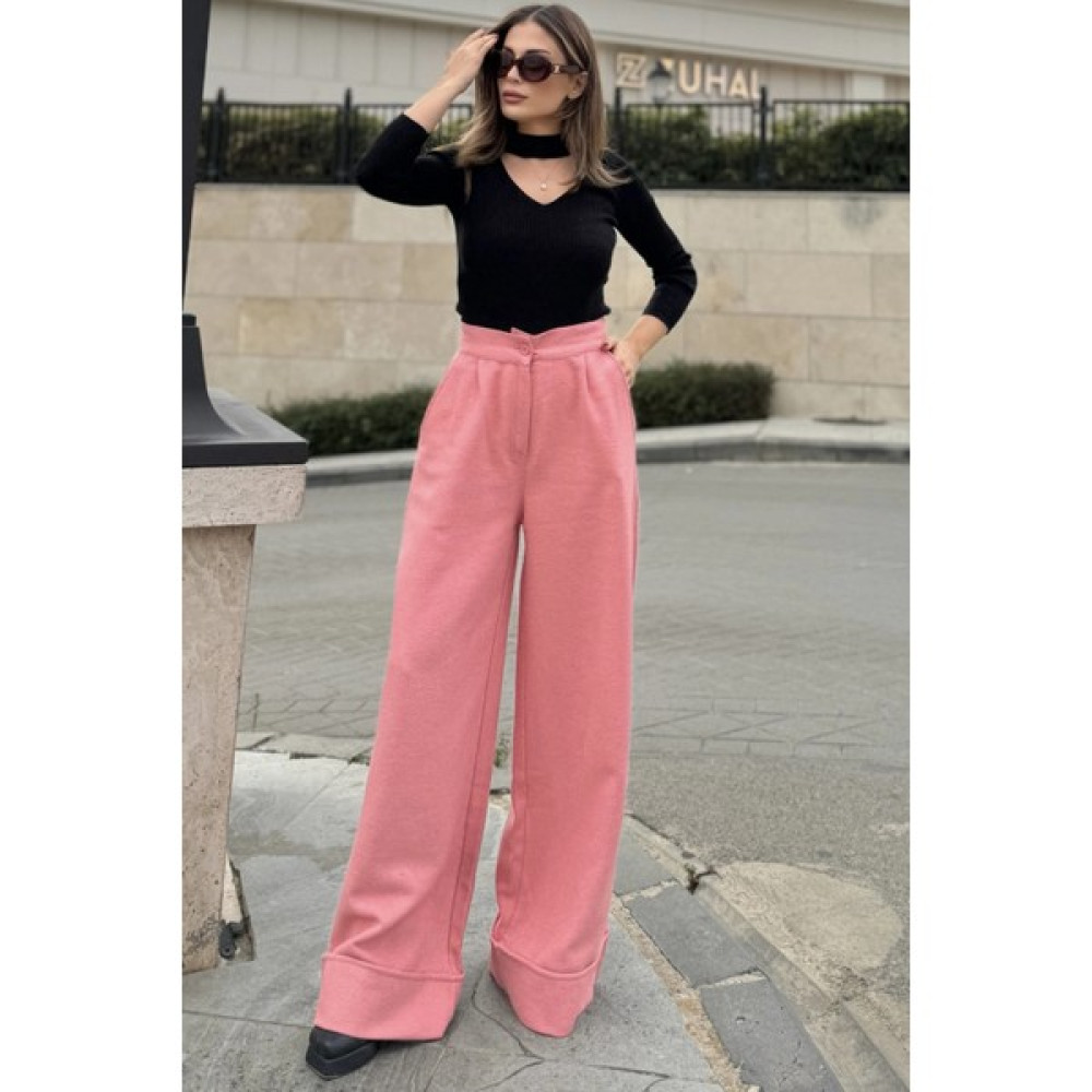 Kadın Pembe Duble Paça, Beli Pliseli, Fitilli Kaşe Kumaş, Ispanyol Pantolon Kadın Pantolon Fiyatı