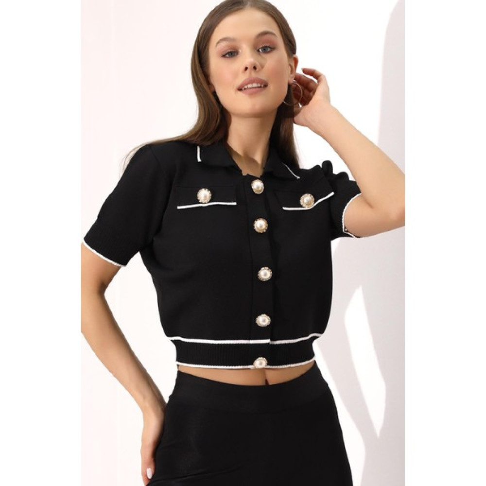 Kadın Polo Yaka Triko Crop Hırka, Triko Hırka, Kadın Hırka, Polo Yaka Hırka, Crop Hırka, Siyah Hırka Kadın Hırka Fiyatı