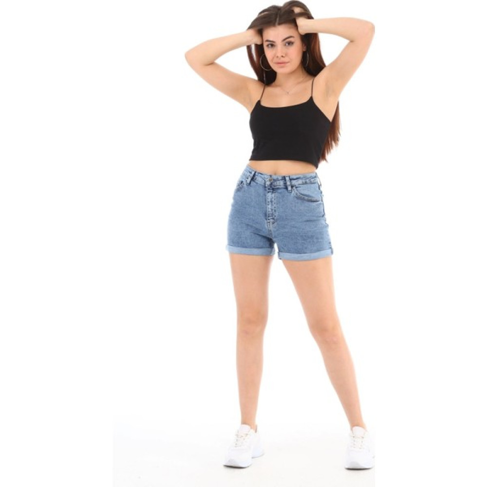 Kadın Prag Mavi Yüksek Bel Duble Paça Kot Şort Klasik Mini Jean Şort C604 Bayan Şort Fiyatı