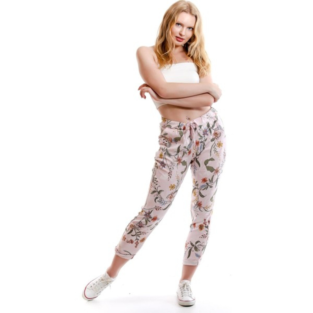 Kadın Pudra Italyan Çiçek Desenli Beli Bağlamalı Likralı Skinny Pantolon Kadın Pantolon Fiyatı