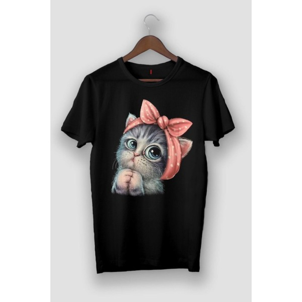 Kadın - Sevimli Minik Kedi Baskılı - Siyah T-Shırt Bayan T-shirt Fiyatı