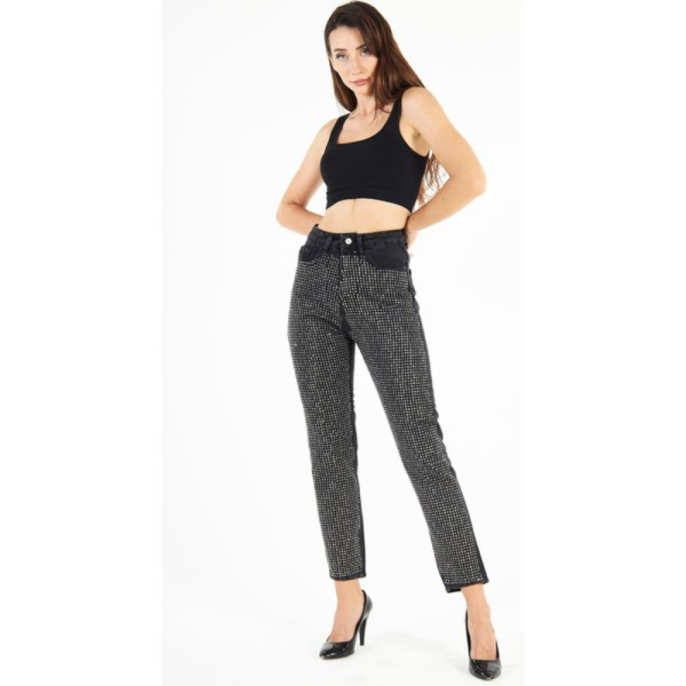 Kadın Siyah Parlak Sıvama Taşlı Mom Jean Kot Pantolon Bayan Jeans / Kot Pantolon Fiyatı