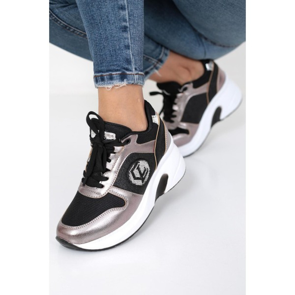 Kadın Siyah-Platin Renk Taşlı Gizli Topuk Rahat Kalıp Bağcıklı Sneaker Ayakkabı Spor Ayakkabı Fiyatı