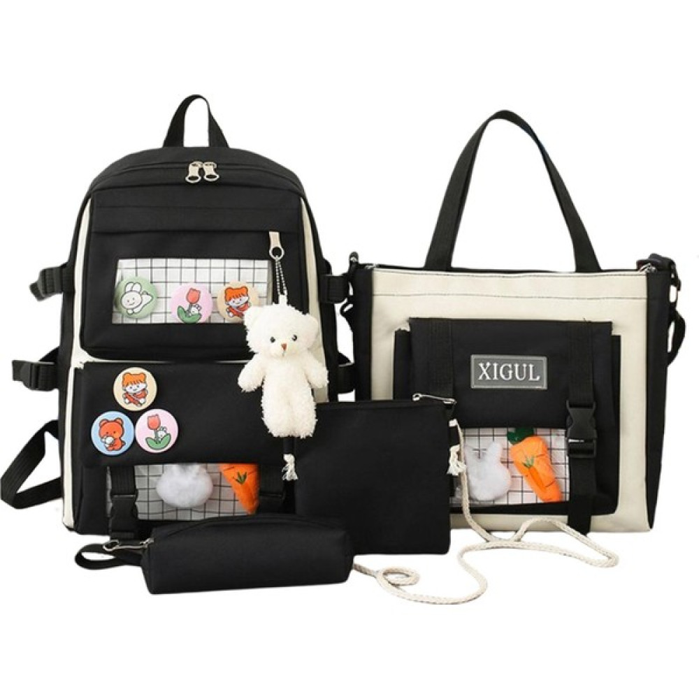 Kadın Tuval Sırt Çantaları 4 Adet / Takım Seyahat Bookbag Çantası Genç Kız Siyah Için Sırt Çantası Bayan Cüzdan Fiyatı
