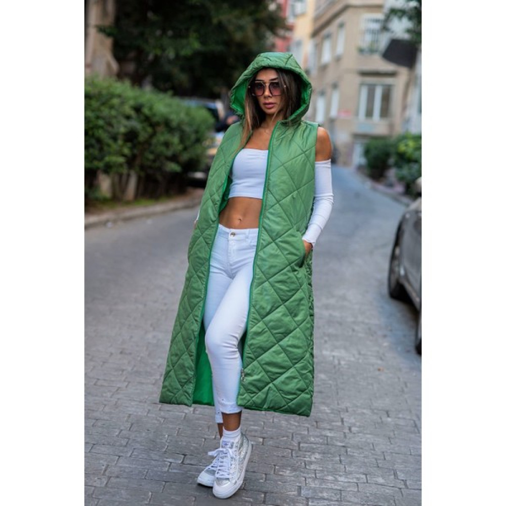 Kadın Yeşil Kapüşonlu Cepli Baklava Desen Uzun Şişme Yelek Kadın Yelek Fiyatı