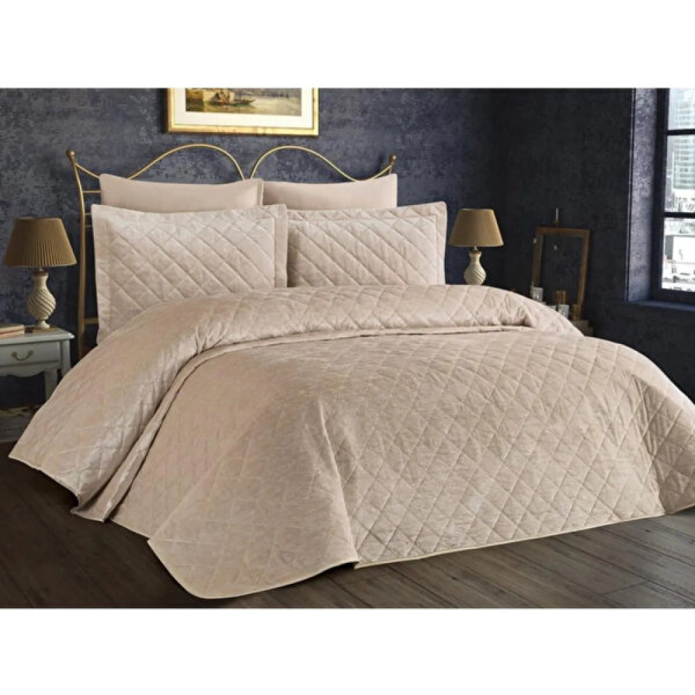 Kadınca Dükkan Çift Kişilik Avangart Kadife Yatak Örtüsü Takımı - 250 x 260 cm - Bej Yatak Örtüsü Fiyatı