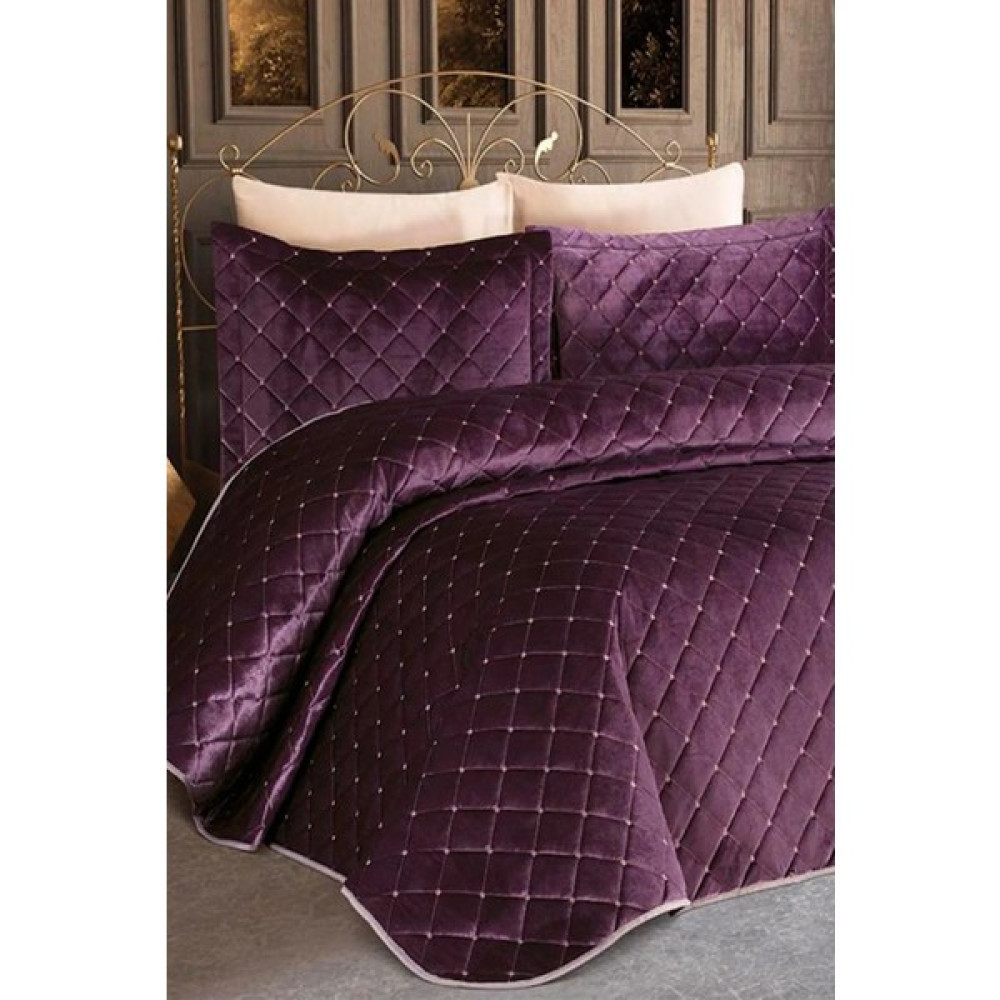 Kadınca Dükkan Çift Kişilik Avangart Kadife Yatak Örtüsü Takımı - 250 x 260 cm - Mürdüm Yatak Örtüsü Fiyatı
