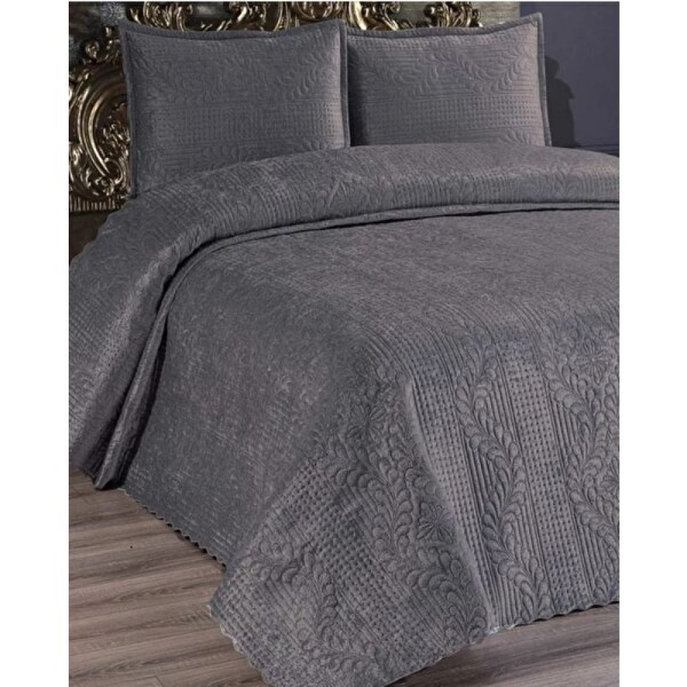 Kadınca Dükkan Çift Kişilik Velür Kadife Yatak Örtüsü Takımı - 240 x 260 cm - Antrasit Yatak Örtüsü Fiyatı
