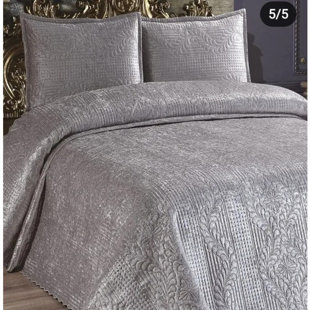 Kadınca Dükkan Çift Kişilik Velür Kadife Yatak Örtüsü Takımı - 240 x 260 cm - Gri Yatak Örtüsü Fiyatı