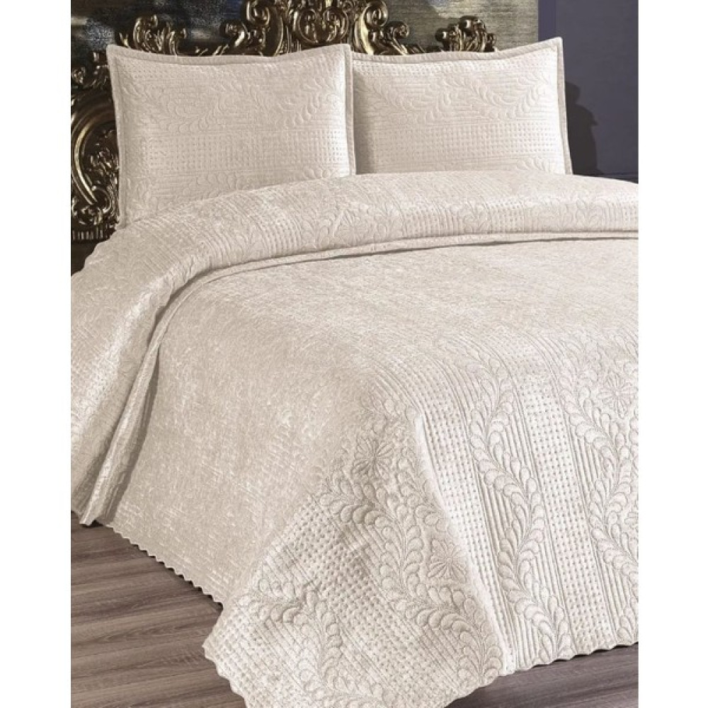 Kadınca Dükkan Çift Kişilik Velür Kadife Yatak Örtüsü Takımı - 240 x 260 cm - Krem Yatak Örtüsü Fiyatı