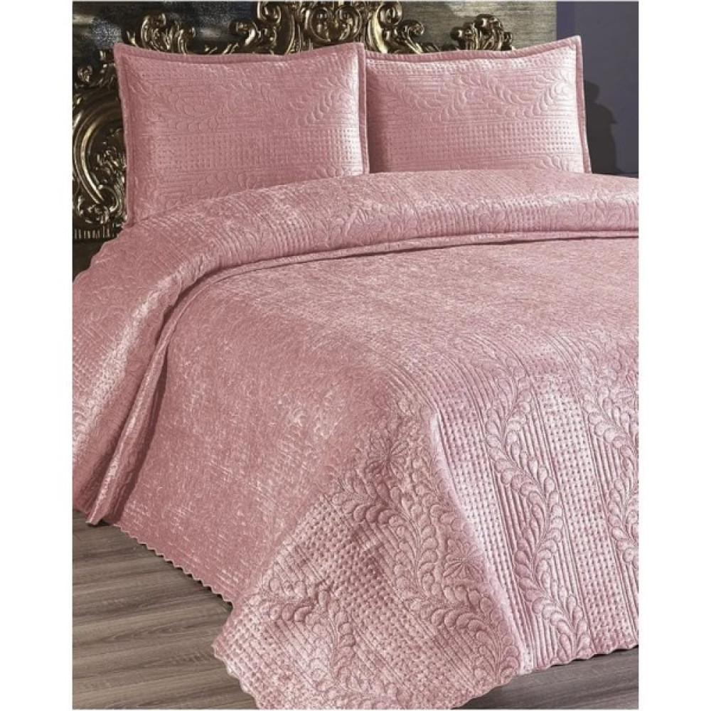 Kadınca Dükkan Çift Kişilik Velür Kadife Yatak Örtüsü Takımı - 240 x 260 cm - Pudra Yatak Örtüsü Fiyatı