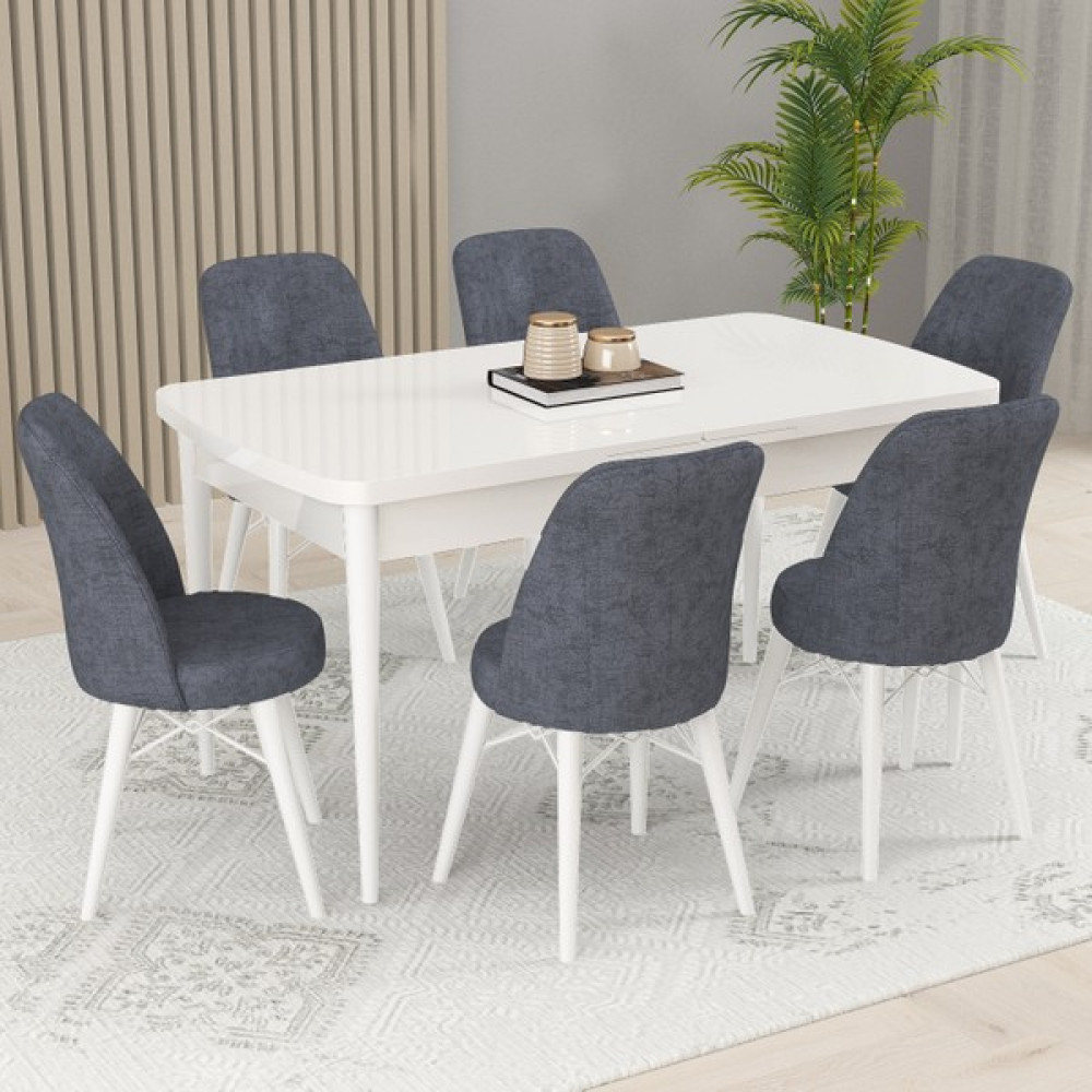 Kaf Beyaz 6 Kişilik Mutfak ve Salon Yemek Masası Takımı (Açılabilir) - Füme Masa - Sandalye Seti / Takımı Fiyatı
