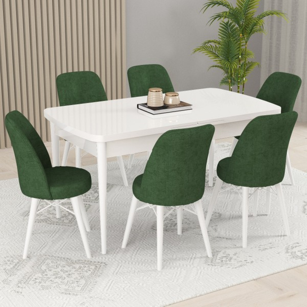 Kaf Beyaz 6 Kişilik Mutfak ve Salon Yemek Masası Takımı (Açılabilir) - Haki Yeşili Masa - Sandalye Seti / Takımı Fiyatı